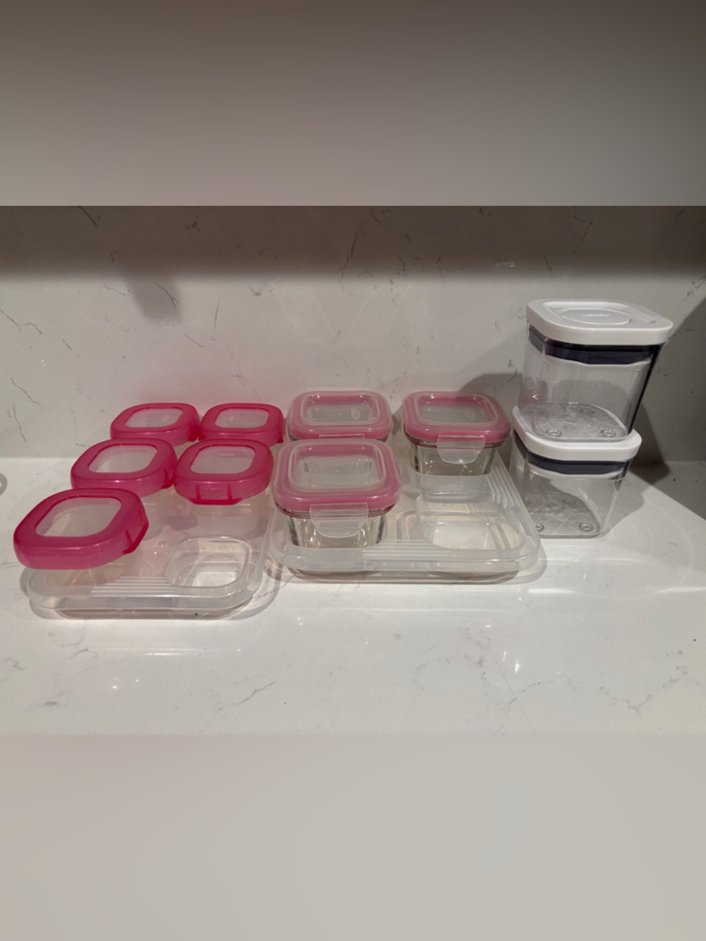 Oxo Plastic Food Storage Containers with Pink and White Lids